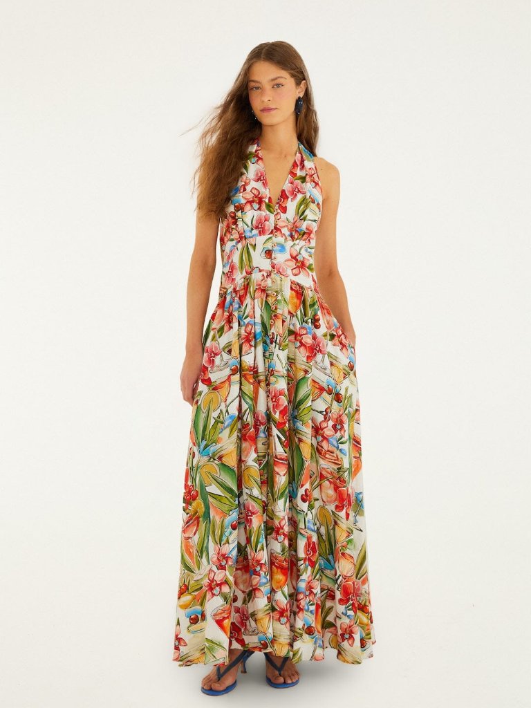 Farm Rio Off-White Cocktail Halter Maxi Dress